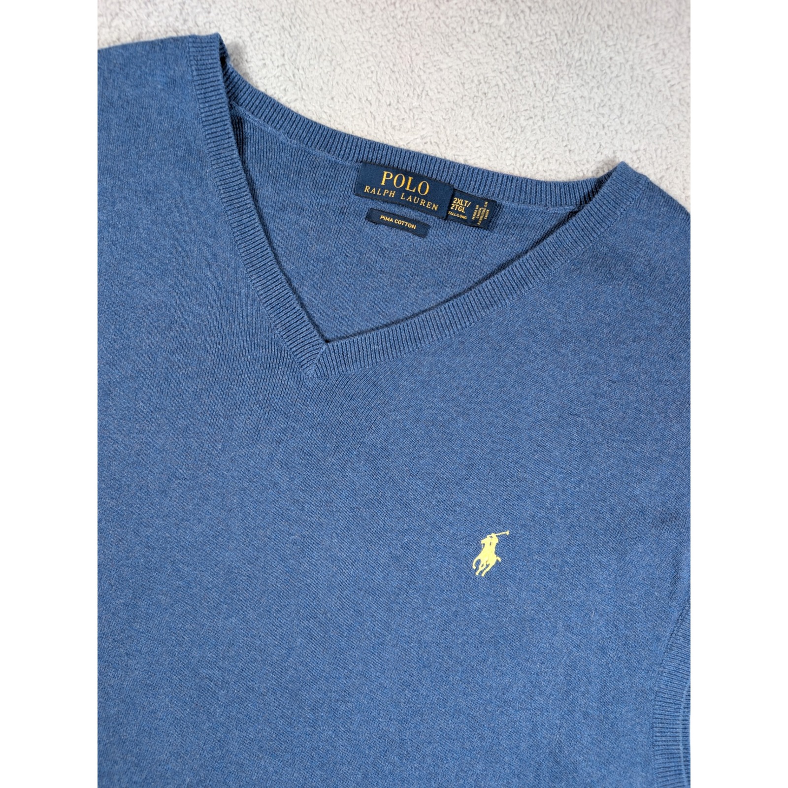 Polo Ralph Lauren Mens 2xlt Pima Cotton V-Neck Sweater Vest Blue Yellow Pony